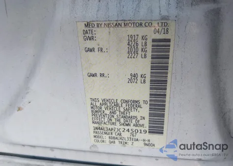 2018 Nissan Altima 2.5 Sr from USA, damaged, VIN 1N4AL3AP7JC245019